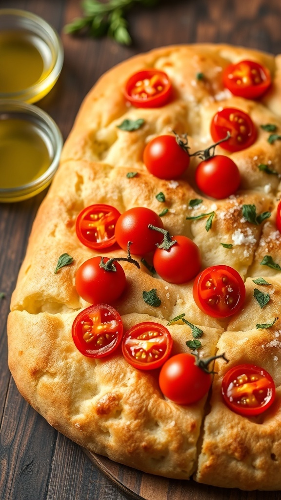 Golden brown focaccia bread topped with cherry tomatoes and herbs, served on a rustic wooden table.